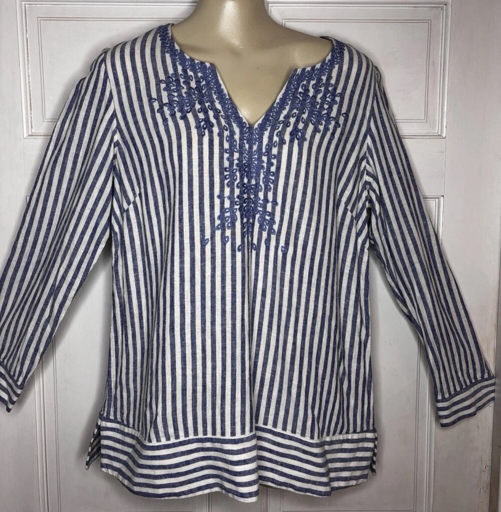 Vineyard Vines New Blue And White Striped Linen Blend Embroidered Tunic Large